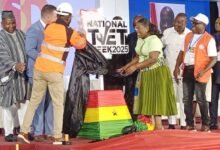 • Ms Bampoe (fourth from right), with other dignitaries unveiling the National TVET Week celebration logo
