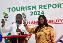 • Mr Yussif Issaka Jajah (left) with Ms Maame Efua Houadjeto launching the report