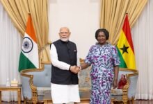 Vice President Jane Naana Opoku-Agyemang in a jand shake with Prime Minister of India, Shri Narendra Modi
