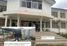 • One of the containers belonging to a market woman brought down, set on fire by the warmongering students jum