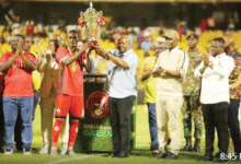 • President Mahama presenting the trophy to Kotoko's captain Samba Oneil. Photo: Raymond Ackumey