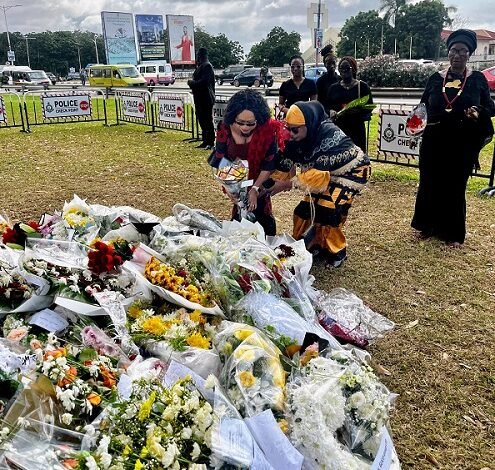 • Dr Charity Binka ( left) laying the wreath with Hajia Hamdatu Ibrahim Hussain
