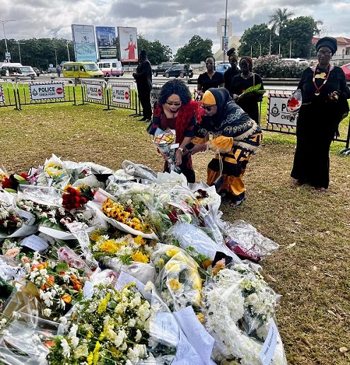 • Dr Charity Binka ( left) laying the wreath with Hajia Hamdatu Ibrahim Hussain