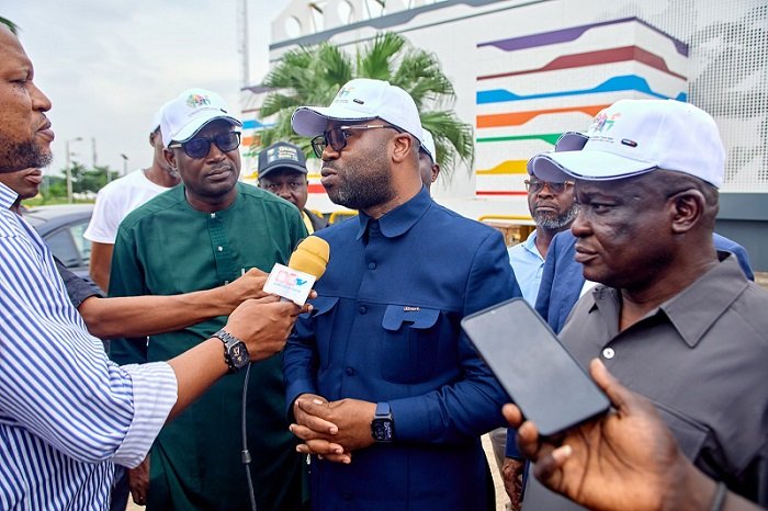AfPC President, Samson Deen addressing the media after his tour of the Abiola Sports Arena