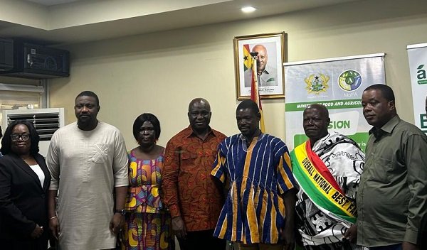 • Mr Opoku (third from left), Mrs Kyante (left), Nana Brempong (second from right) with the deputy minister MoFA and other awardees after the presentation