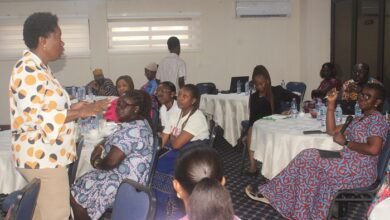 • Mrs Susan Aryeetey (standing) speaking to participants at the meeting. Photo: Seth Osabukle