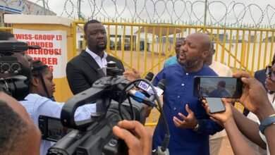 Mr George Spencer Quaye (right) speaking to the media during a tour of the DLVA lands