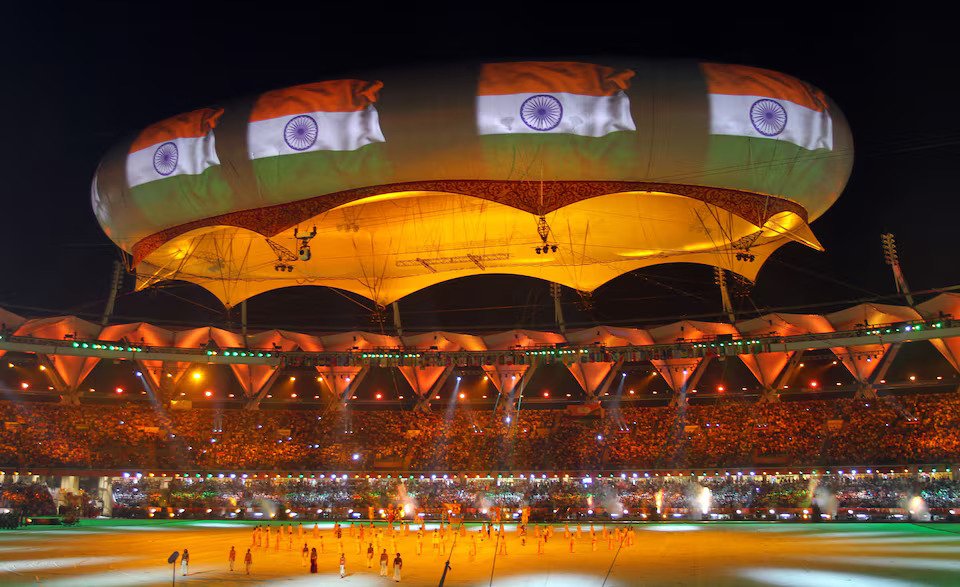 Flashback-The Indian national flag projected onto during the Commonwealth Games closing ceremony at the Jawaharlal Nehru stadium in New Delhi in 2010.
