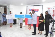 • Mr Andrew Achampong-Kyei (third from right) presenting the package at the ceremony Photo: Seth Osabukle