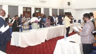• Dr Sitsofe David Addo (in smock), Board Chair, Engineering Council, inaugurating the technical committee members Photo: Ebo Gorman