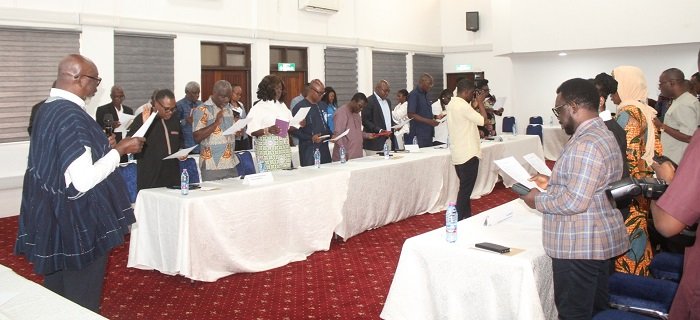 • Dr Sitsofe David Addo (in smock), Board Chair, Engineering Council, inaugurating the technical committee members Photo: Ebo Gorman