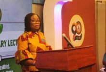 • Dr Sarah Akrofi-Quarcoo, Adjunct Lecturer, School of Communications, UG (inset) delivering the lecture Photo: Ebo Gorman