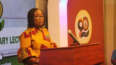 • Dr Sarah Akrofi-Quarcoo, Adjunct Lecturer, School of Communications, UG (inset) delivering the lecture Photo: Ebo Gorman