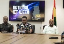 • Dr Mark-Oliver Kevor (middle) addressing the media. With him are Mr Yaw Osei (left) and Mr Solomon Richardson