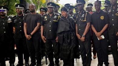 • COP Christian Tetteh Yohunu (fourth from left) with the widow, Priscilla Ofori-Atta (fourth from right) and other family and POMAB members after the visit