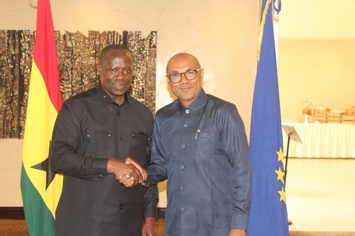 • Mr Emmanuel Armah-Kofi Buah (left) and Ambassador Irchad Razaaly exchanging greetings at the ceremony Photo: Ebo Gorman