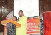 • Mr Francis Anipah (inset) Project Manager, O'Africa addressing participants at the forum. Photo: Ebo Gorman