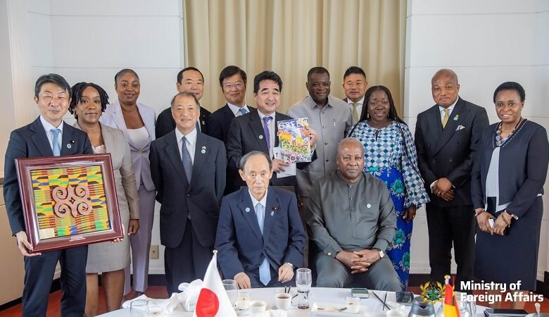 • President Mahama (seated right) with the Ghanaian and Japanese delegations