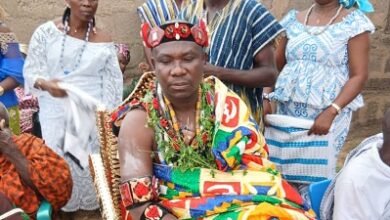 • Togbe Korsi Amekunutsi II addressing the audience at his outdooring ceremony at Mepe Aflame