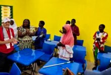 • Mr Abdalfatah Ahmed Khalil Alsatarri (left) with Victoria Amefadzi Yawa Doe inspecting the classrooms