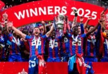 Players of Crystal Palace celebrating their FA Cup success