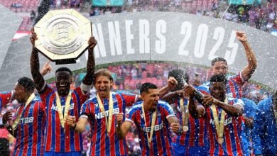 • Players of Crystal Palace led by captain Marc Guehi celebrates winning the Community Shield for the first time