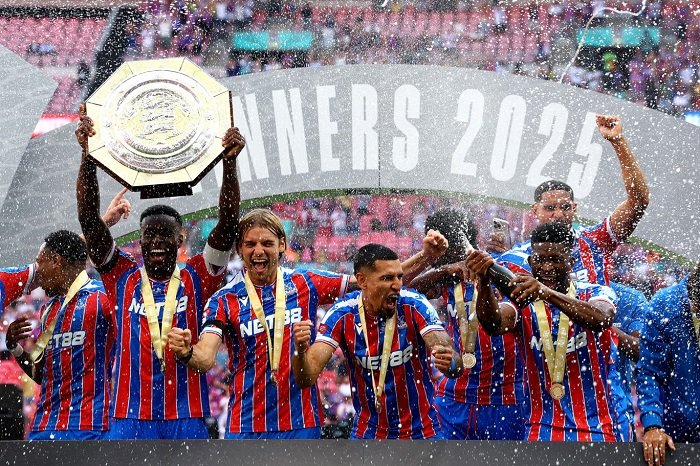 • Players of Crystal Palace led by captain Marc Guehi celebrates winning the Community Shield for the first time