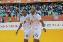 Ryan Ogam (15) with a team mate after his goal