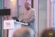 • President John Mahama (inset) addressing inverstors in Singapore