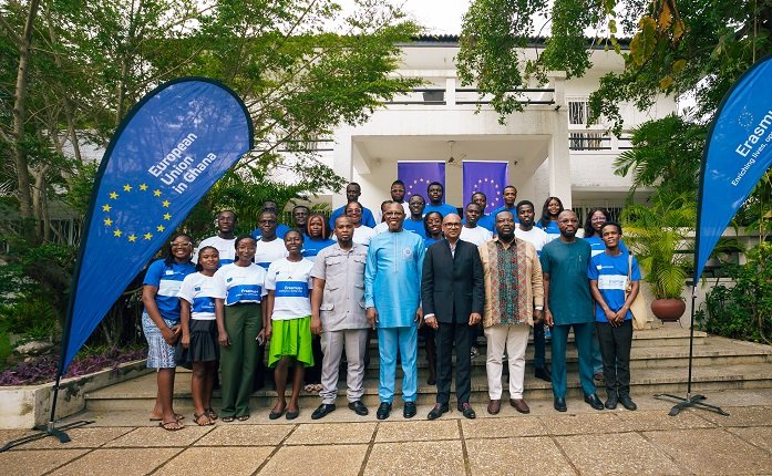 • EU Ambassador to Ghana (fouth from right), Deputy Minister of Education (sixth from left), the Minister of Youth Development and Empowerment together with the awardees