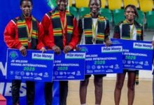 Bronze medallists in the senior’s women double event, Moslena Ama Korama Adu (left) together with Rachael Quarcoo, Charity Narh and Jessica Lomotey