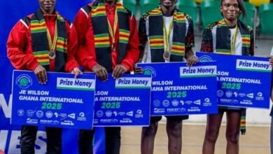 Bronze medallists in the senior’s women double event, Moslena Ama Korama Adu (left) together with Rachael Quarcoo, Charity Narh and Jessica Lomotey