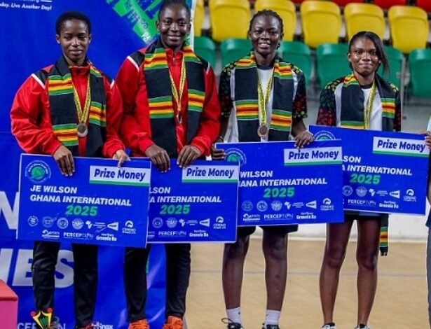 Bronze medallists in the senior’s women double event, Moslena Ama Korama Adu (left) together with Rachael Quarcoo, Charity Narh and Jessica Lomotey