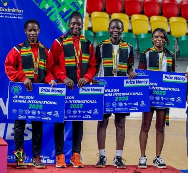 Bronze medallists in the senior’s women double event, Moslena Ama Korama Adu (left) together with Rachael Quarcoo, Charity Narh and Jessica Lomotey