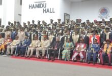 • Vice President Professor Naana Opoku-Agyemang (seated fifth from right) with Brigadier General Wonje (eleventh from left), with the graduands and other officers after the ceremony Photo: Victor A. Buxton