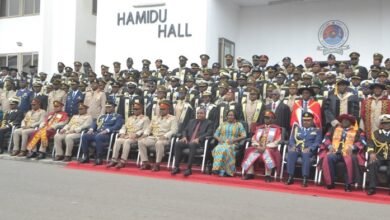 • Vice President Professor Naana Opoku-Agyemang (seated fifth from right) with Brigadier General Wonje (eleventh from left), with the graduands and other officers after the ceremony Photo: Victor A. Buxton