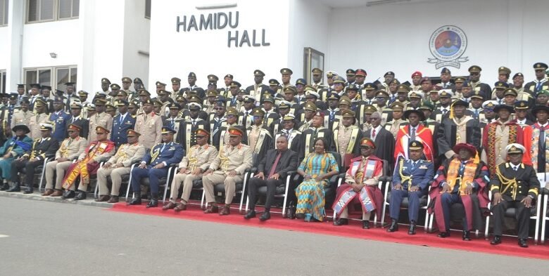 • Vice President Professor Naana Opoku-Agyemang (seated fifth from right) with Brigadier General Wonje (eleventh from left), with the graduands and other officers after the ceremony Photo: Victor A. Buxton