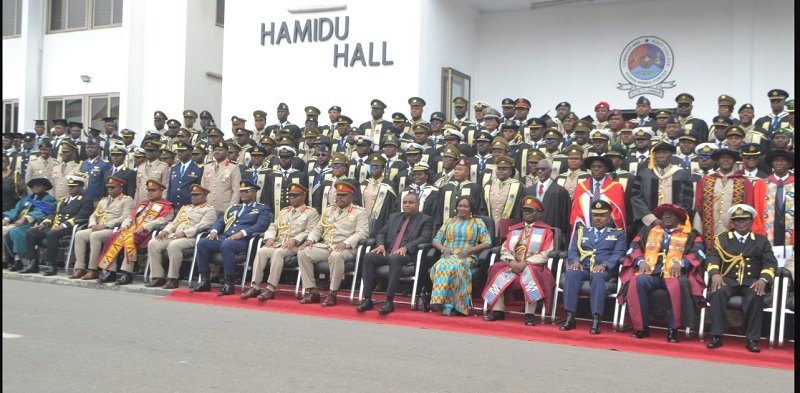 • Vice President Professor Naana Opoku-Agyemang (seated fifth from right) with Brigadier General Wonje (eleventh from left), with the graduands and other officers after the ceremony Photo: Victor A. Buxton