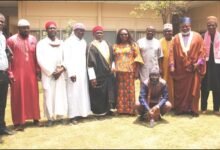 Alhaji Salifu Abdul-Rahaman (fifth from right) Mrs Georgina Naa-Maku Quaittoo (middle) with Imam Alhaji Saeed Abdulai (third from right), Andrew Nortey (left), Ag News Editor-Spectator and other Imams Photo: Elizabeth Okai