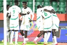 • Senegalese players celebrating the only goal of the game