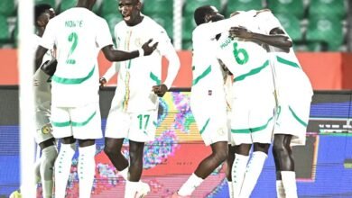 • Senegalese players celebrating the only goal of the game