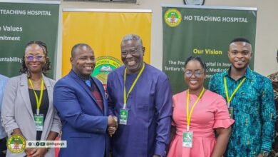 • Dr Hintermann K.K. Mbroh (second from left) exchanging greetings with Mr Issaka Sidi at the meeting