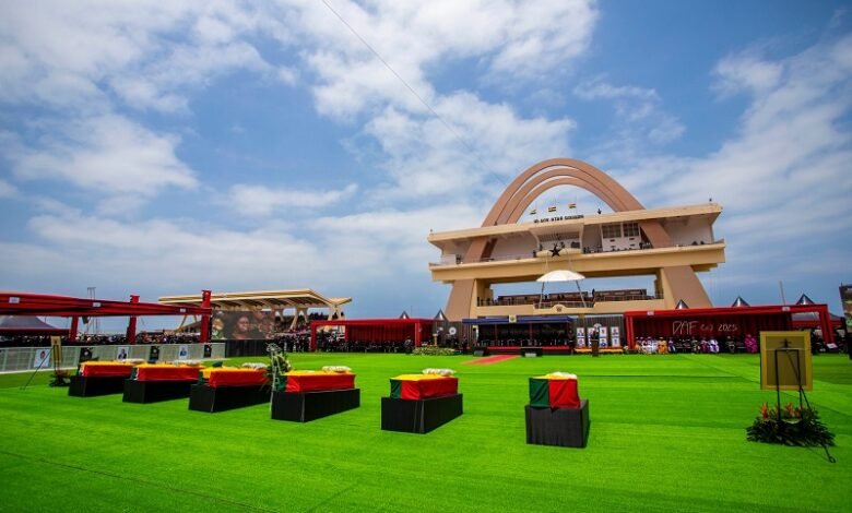• The caskets containing the remains of the victims laid in state at the Black Star Square in Accra