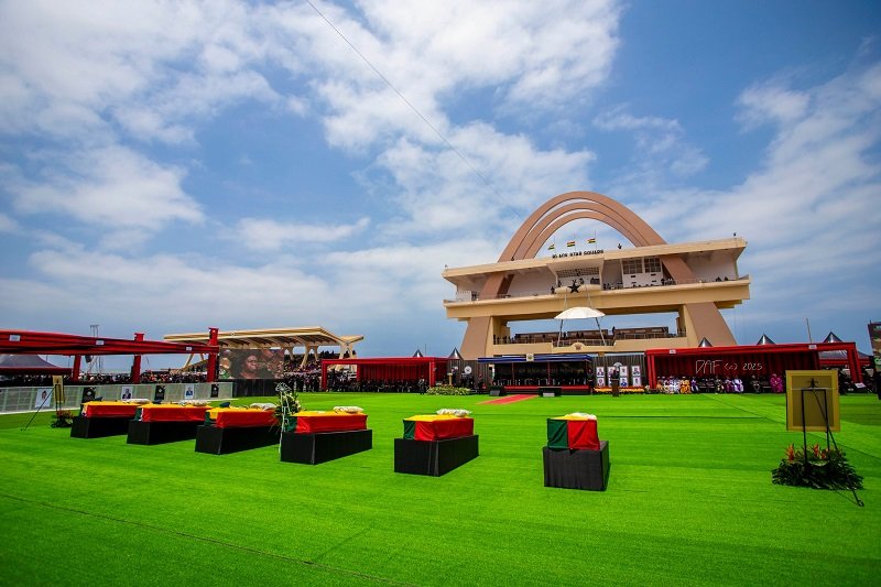 • The caskets containing the remains of the victims laid in state at the Black Star Square in Accra