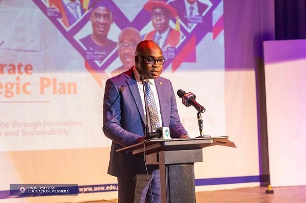 • Prof. Stephen Jobson Mitchual (inset) speaking at the launch of the corporate strategic plan of the university