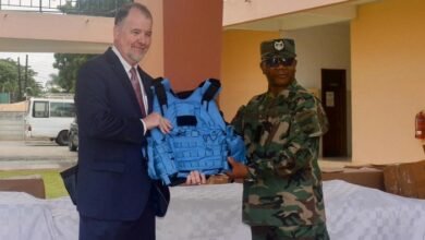 • Major General Lawrence Kwaku Gbetanu (right) receiving the items from Mr Rolf Olson