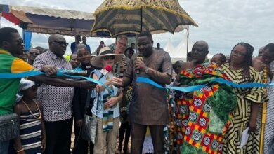 Mr Bobobee (middle) commissioning the water station • Mr Haruna Iddrisu (inset) launching the teacher prize awards scheme. Photo: Ebo Gorman