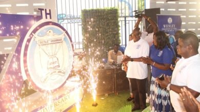 • Mr Prosper Bani (left), Prof. Peter Quartey (right) and Prof. Rosemond Boahene launching the anniversary Photo: Ebo Gorman