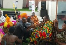 Dr Sulemana exchanging exchanging pleasantries with Nana Kwaku Boateng III during the meeting