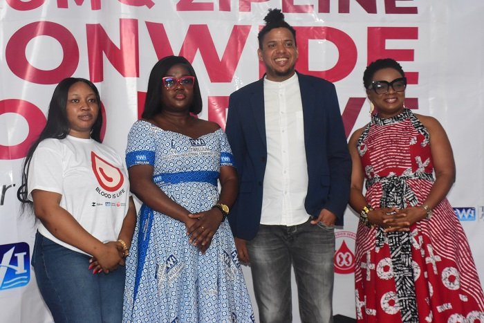 • Dr Shirley Owusu-Ofori (right), Mr Daniel Kwaku Nerki, Ms Emelia Gyasi (second from left) and Ms Queenly Quartey, Zipline after the launch Photo: Seth Osabukle